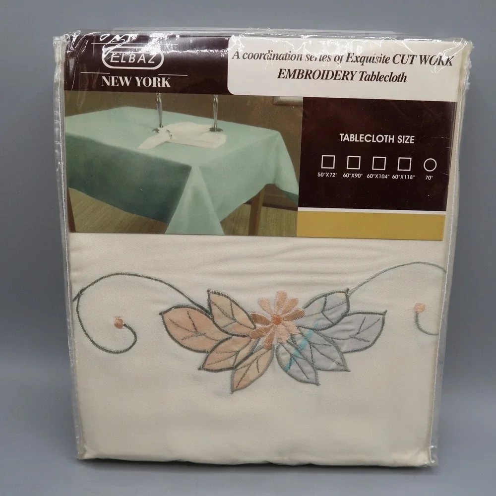 Elbaz NY White Ivory Embroidered Floral leaves Tablecloth 60x120